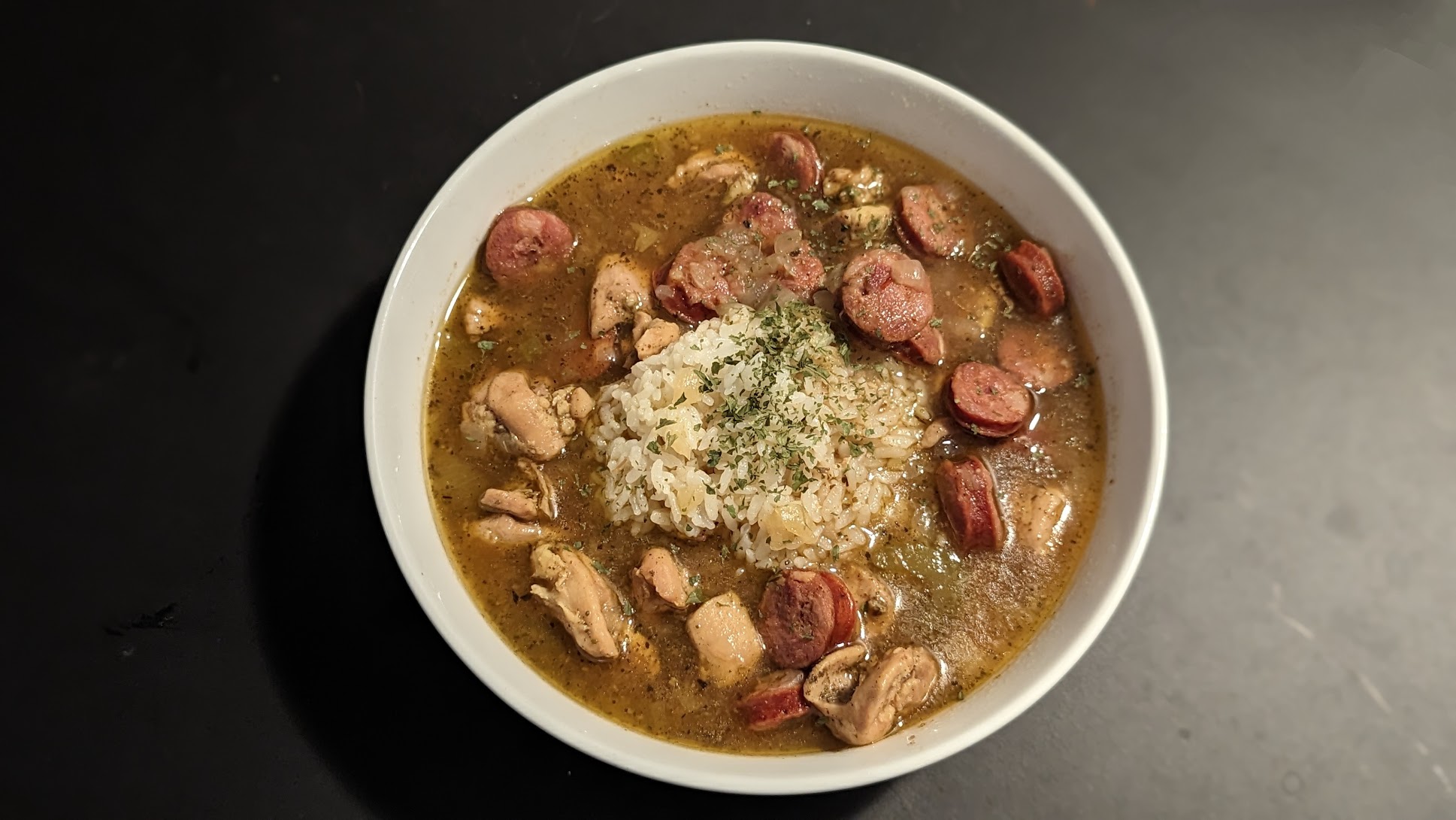 photo of a bowl of chicken and andouille gumbo
